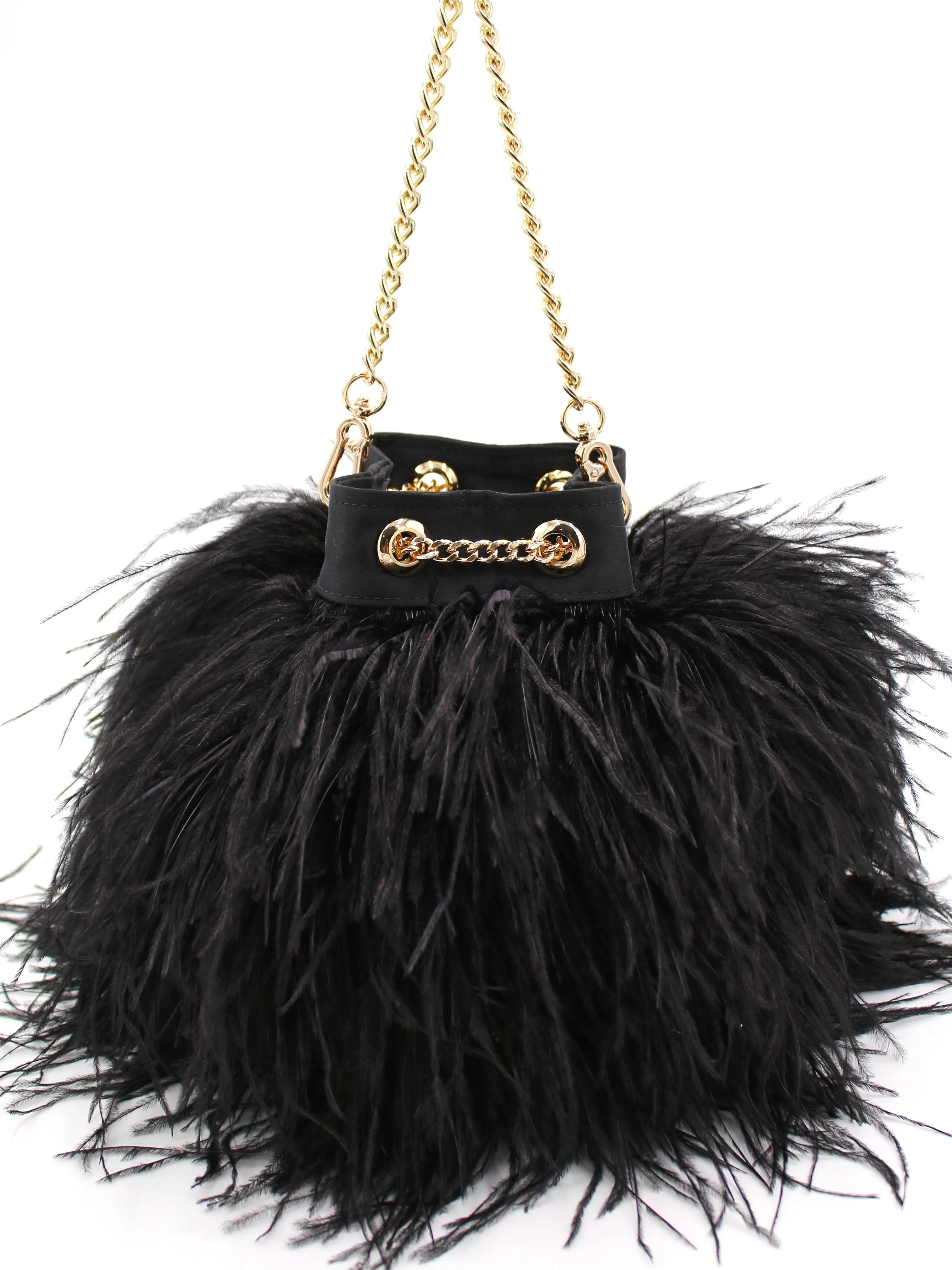 Ostrich Feather Bucket Bag | Onyx & Gold | Large | Made to order