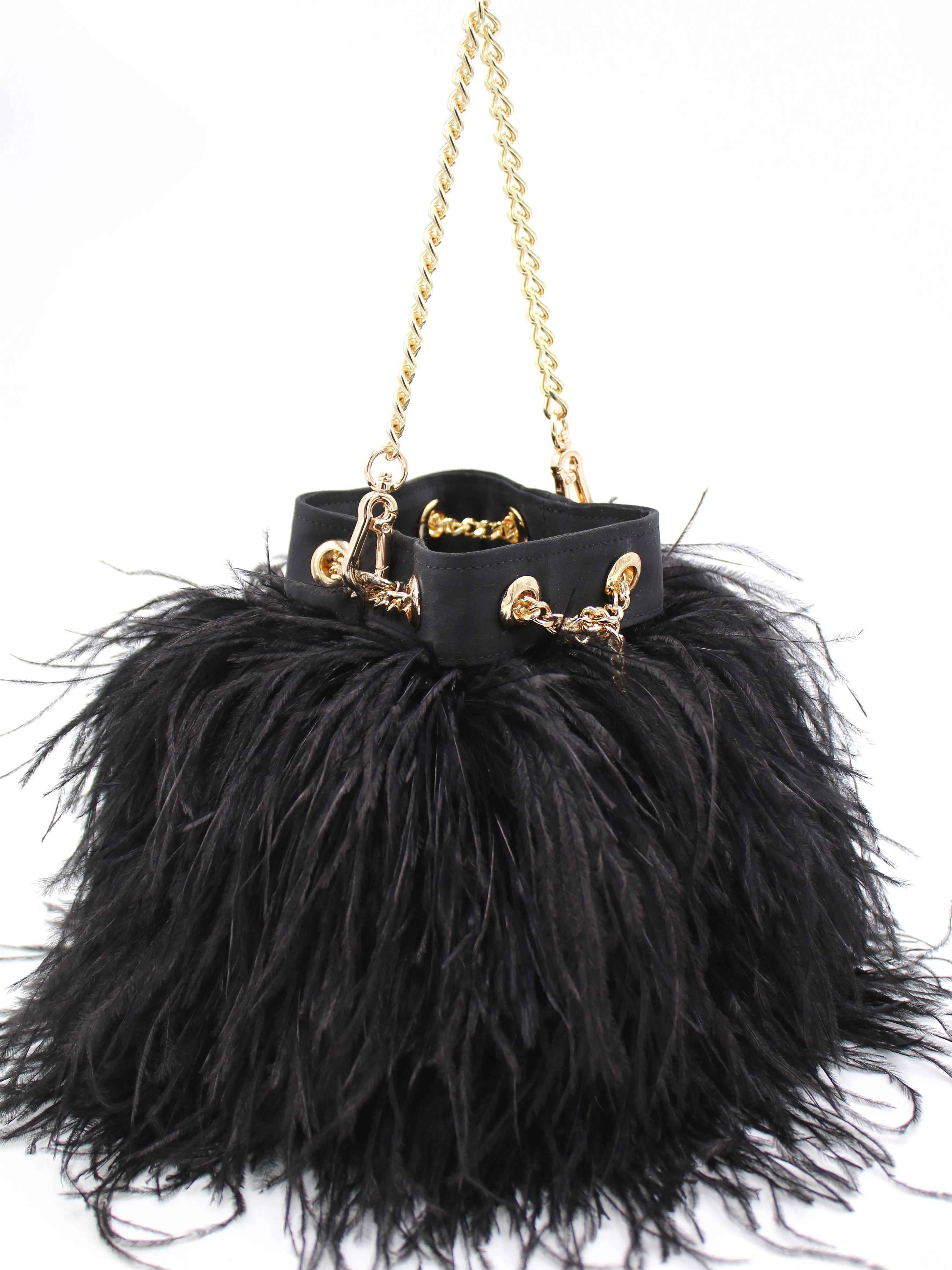 Ostrich Feather Bucket Bag | Onyx & Gold | Large | Made to order
