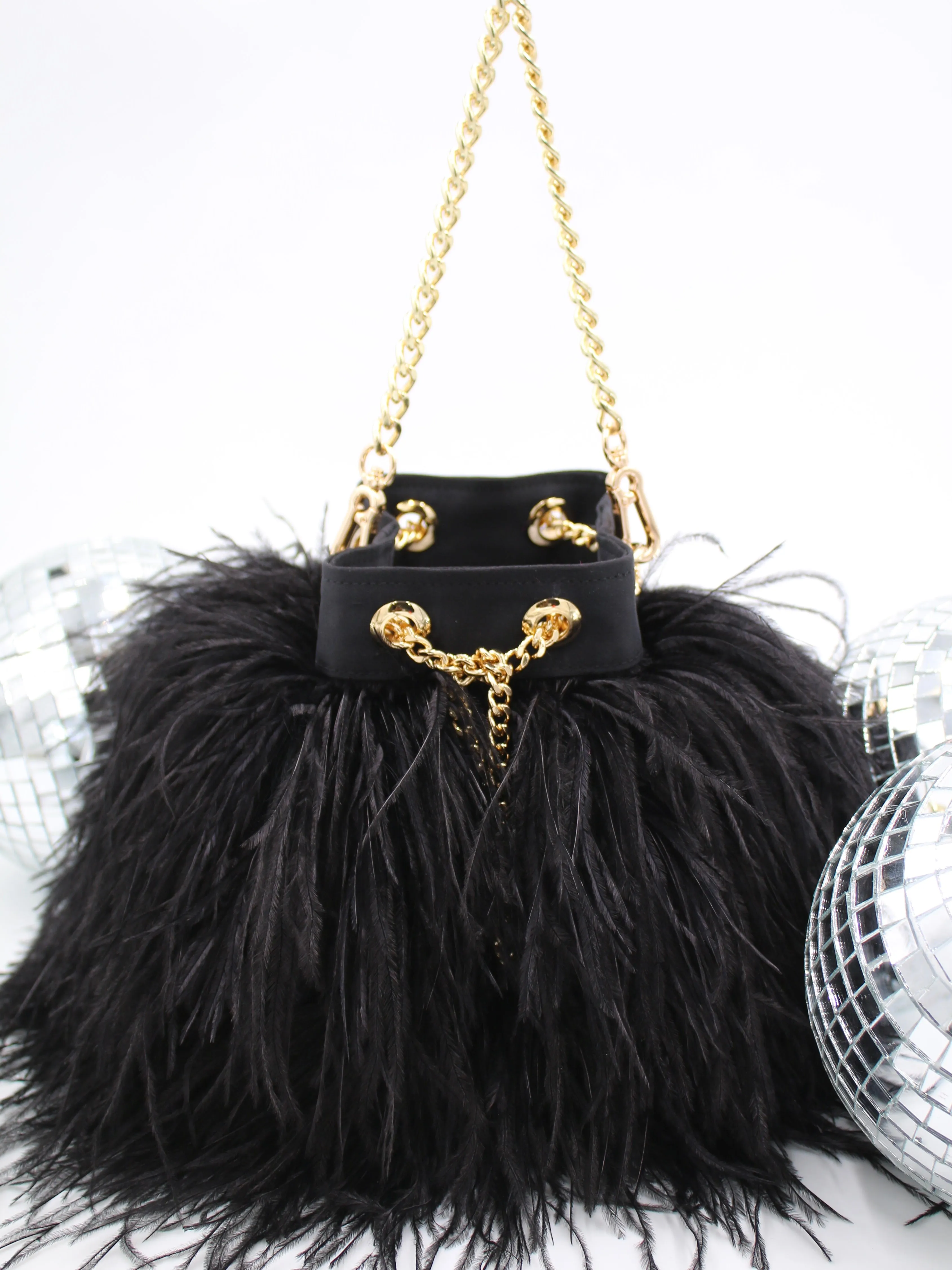 Ostrich Feather Bucket Bag | Onyx & Gold | Large | Made to order
