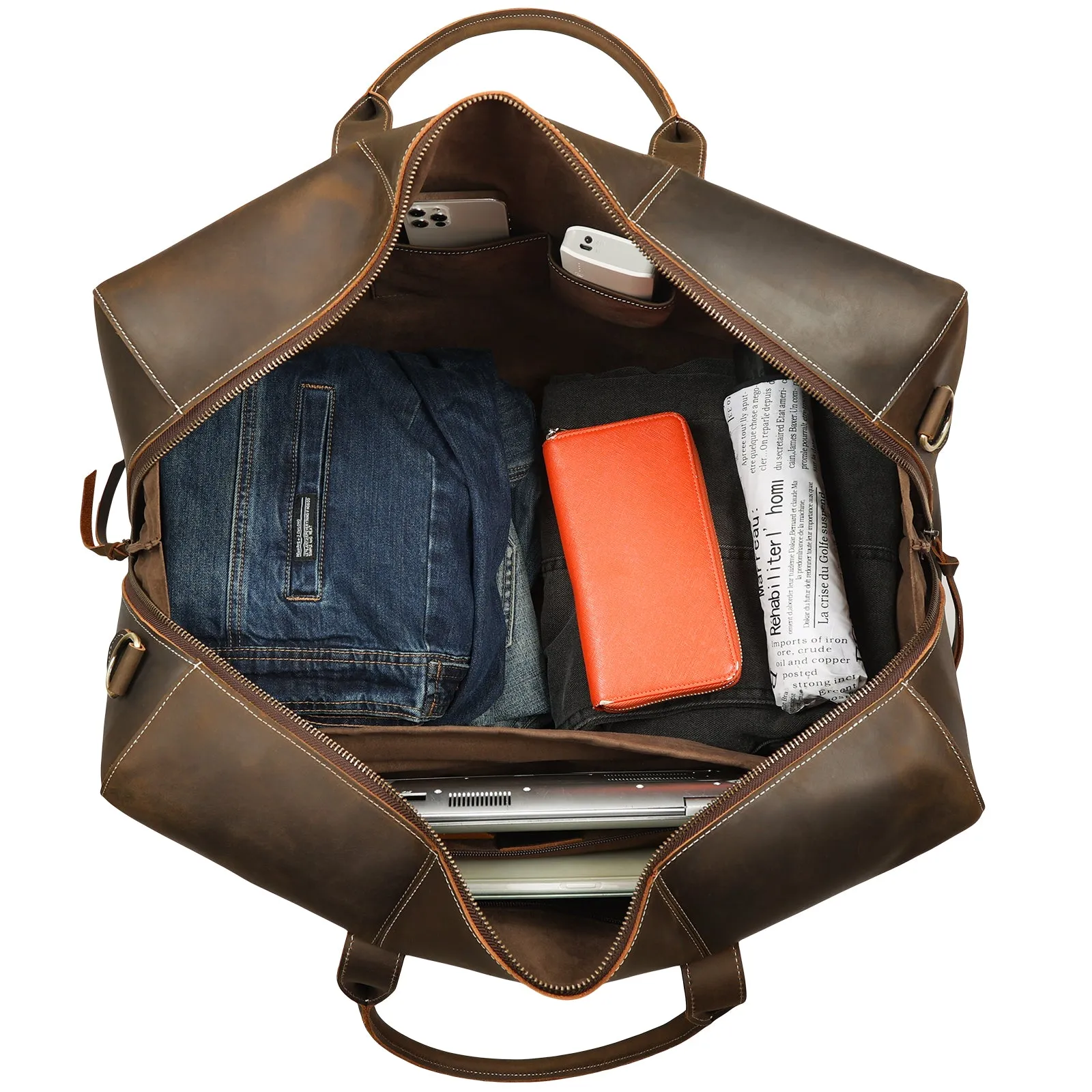 Polare Leather Duffle Weekend Travel Bag For Men With Full Grain Cowhide Leather 23.2'' Duffel Bag