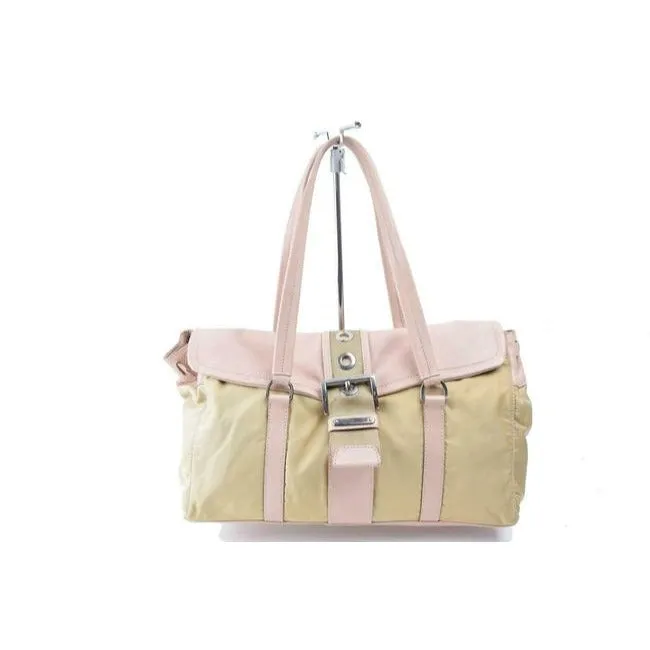Prada Color Block Shoulder Purses Pink And Beige Suede Canvas And Leather Satchel