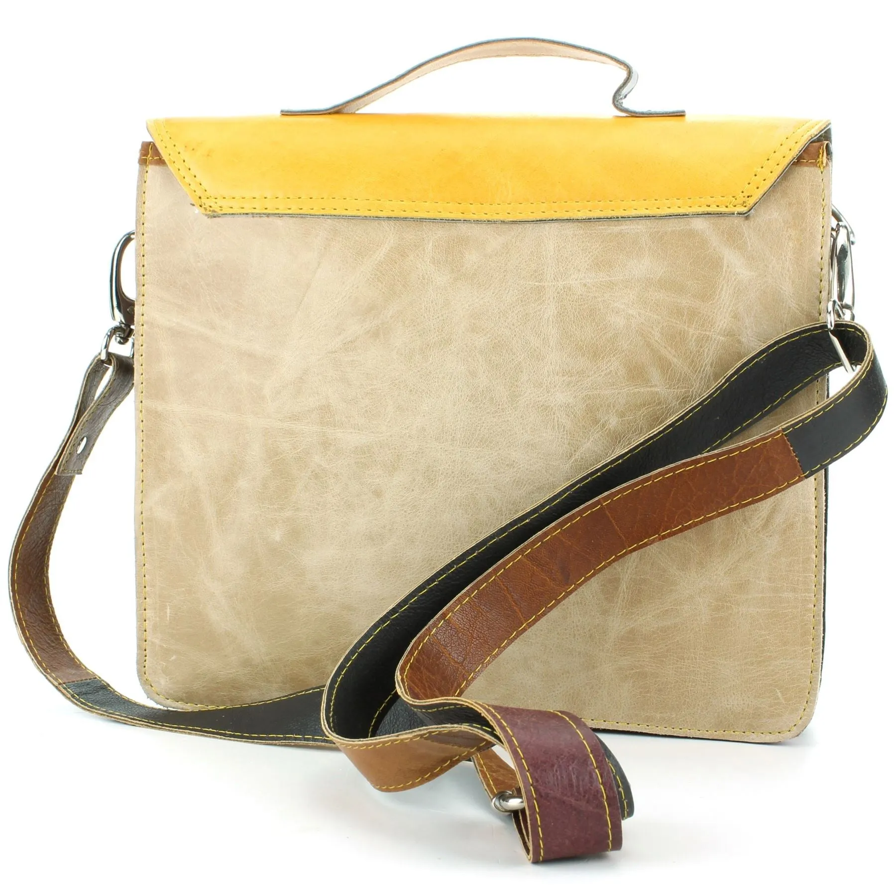 Real Leather Colourful Satchel Messenger Shoulder Bag - Yellow & Navy Mix
