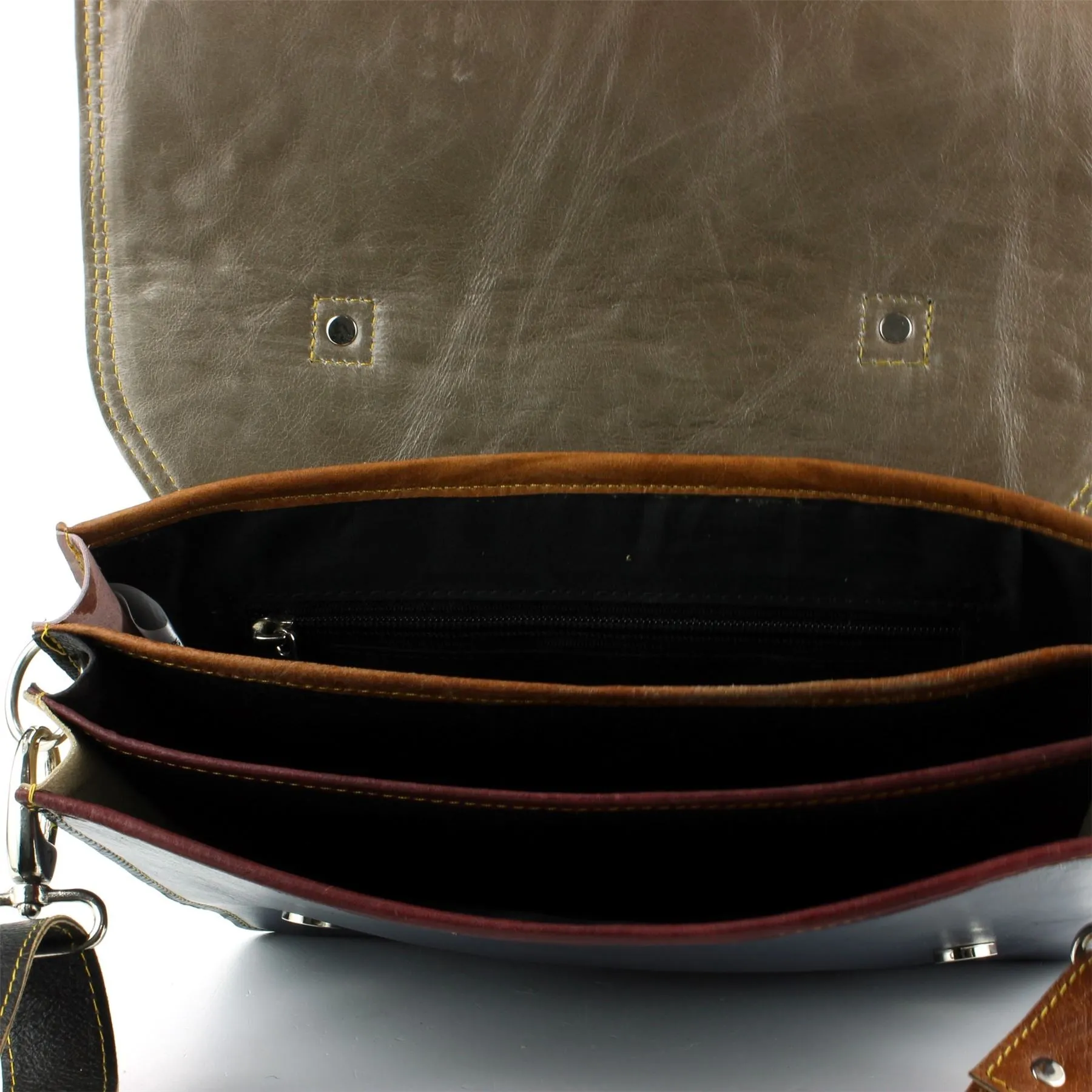 Real Leather Colourful Satchel Messenger Shoulder Bag - Yellow & Navy Mix