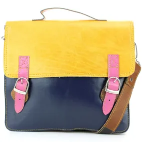 Real Leather Colourful Satchel Messenger Shoulder Bag - Yellow & Navy Mix