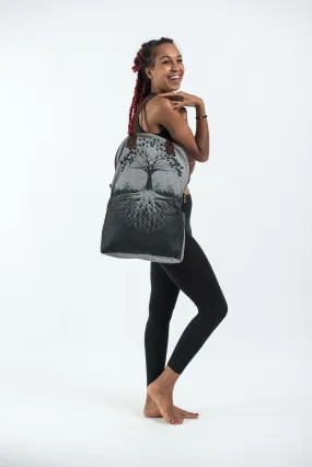 Tree of Life Oversize Zippered Shoulder Bag in Denim Gray