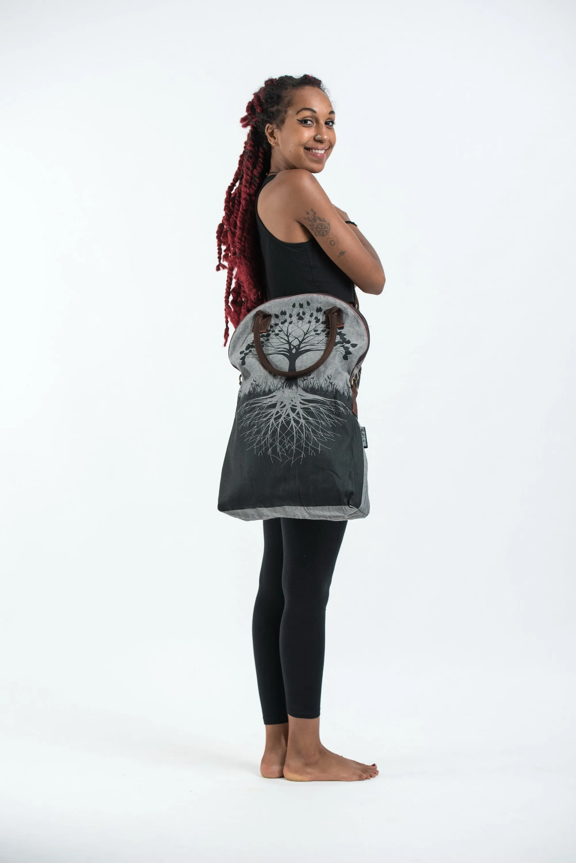 Tree of Life Oversize Zippered Shoulder Bag in Denim Gray