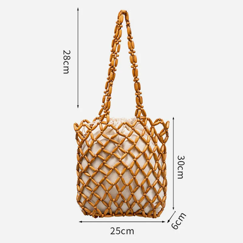 Wooden Bead Tote With Woven Lining Shoulder Bag For Women