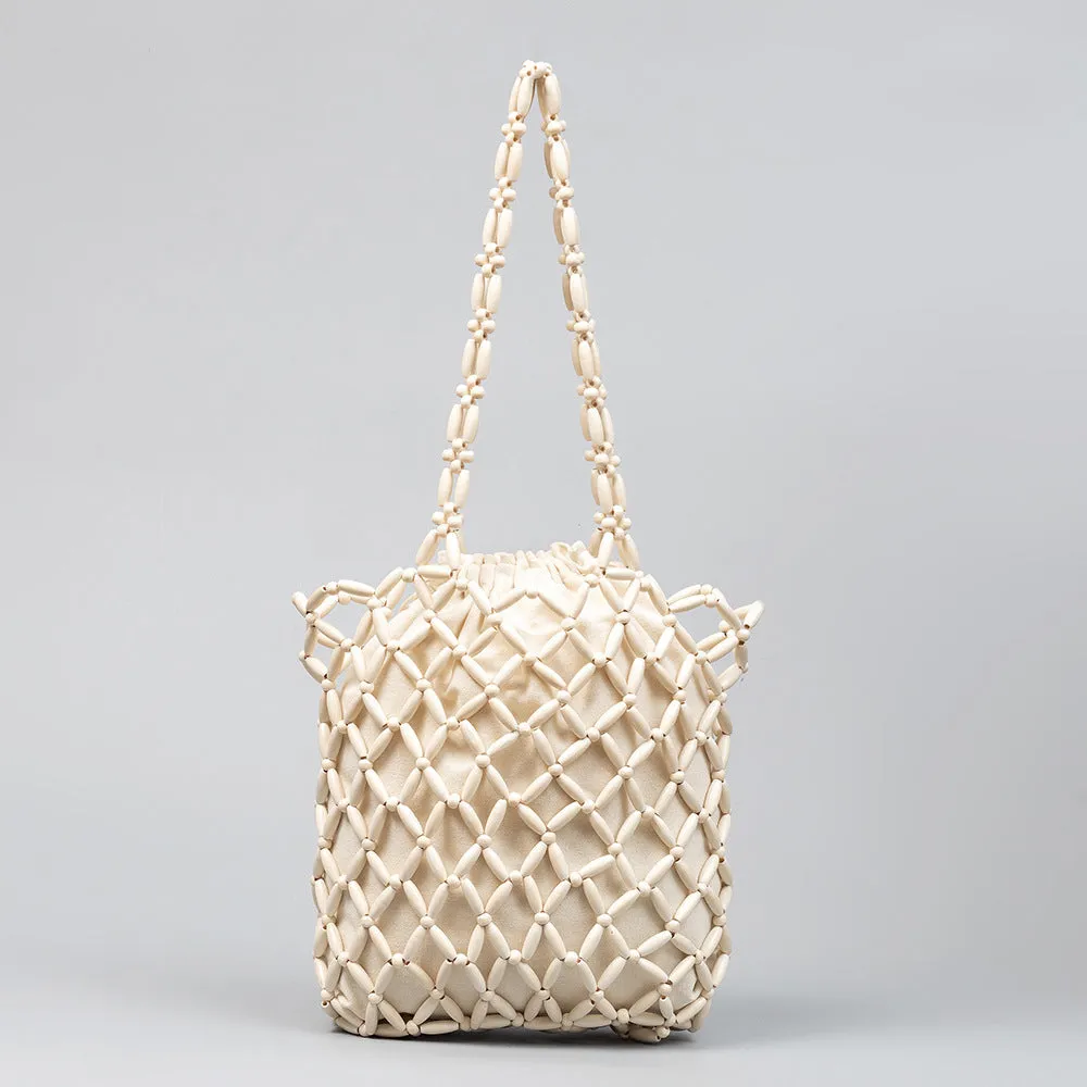 Wooden Bead Tote With Woven Lining Shoulder Bag For Women