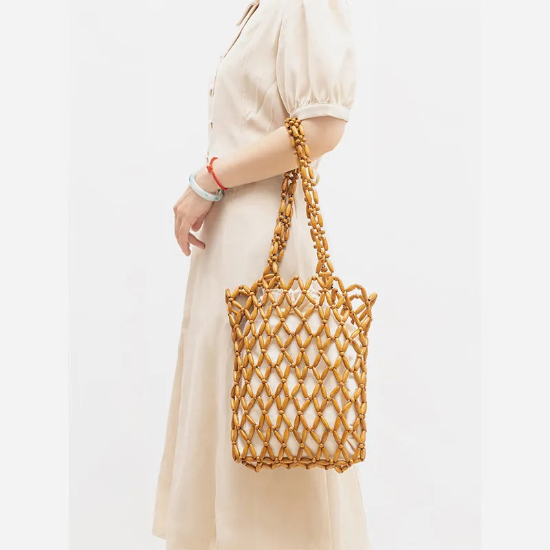 Wooden Bead Tote With Woven Lining Shoulder Bag For Women