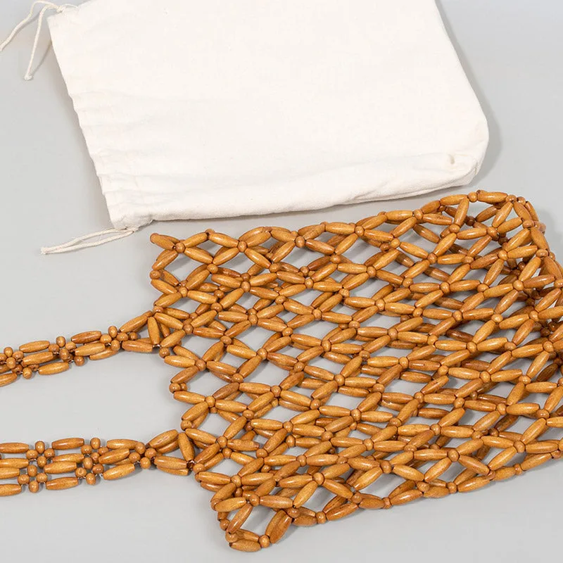 Wooden Bead Tote With Woven Lining Shoulder Bag For Women