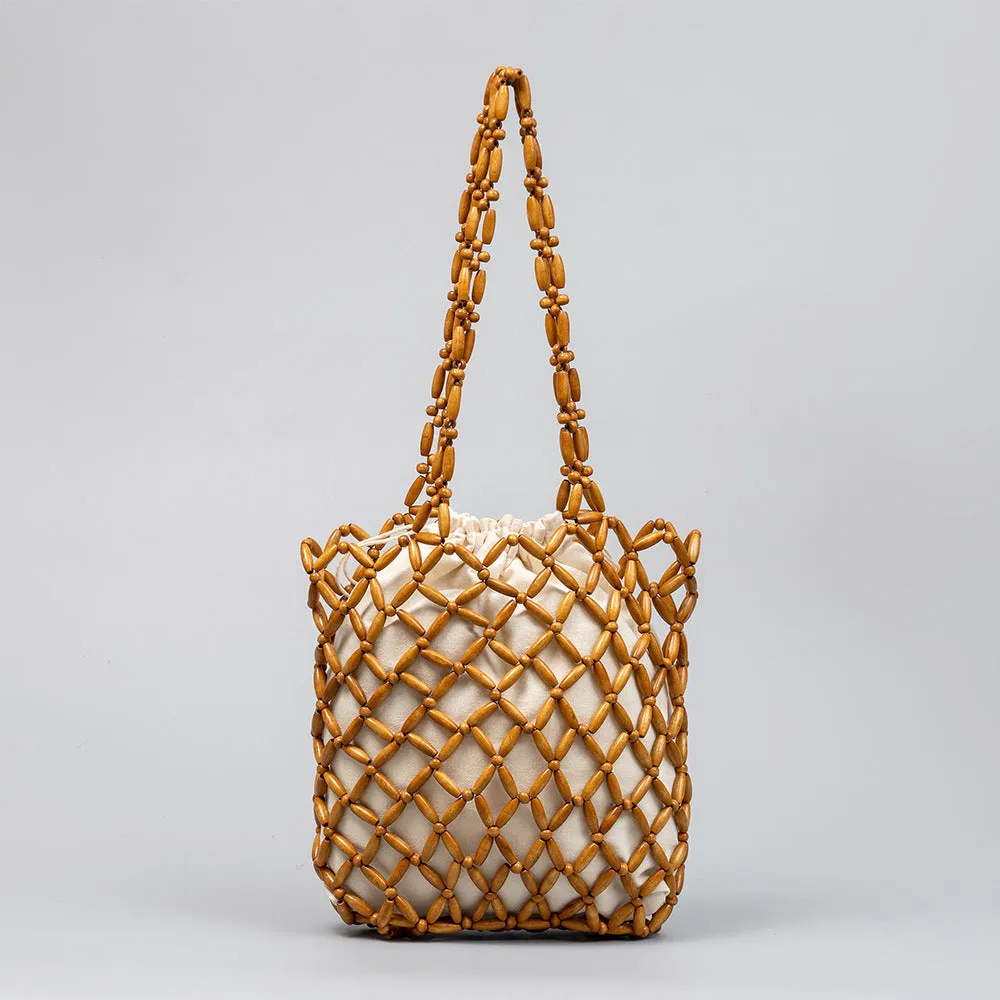 Wooden Bead Tote With Woven Lining Shoulder Bag For Women