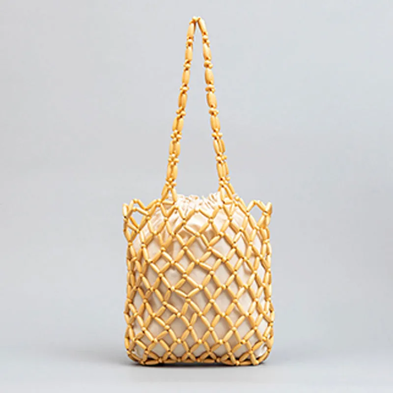 Wooden Bead Tote With Woven Lining Shoulder Bag For Women