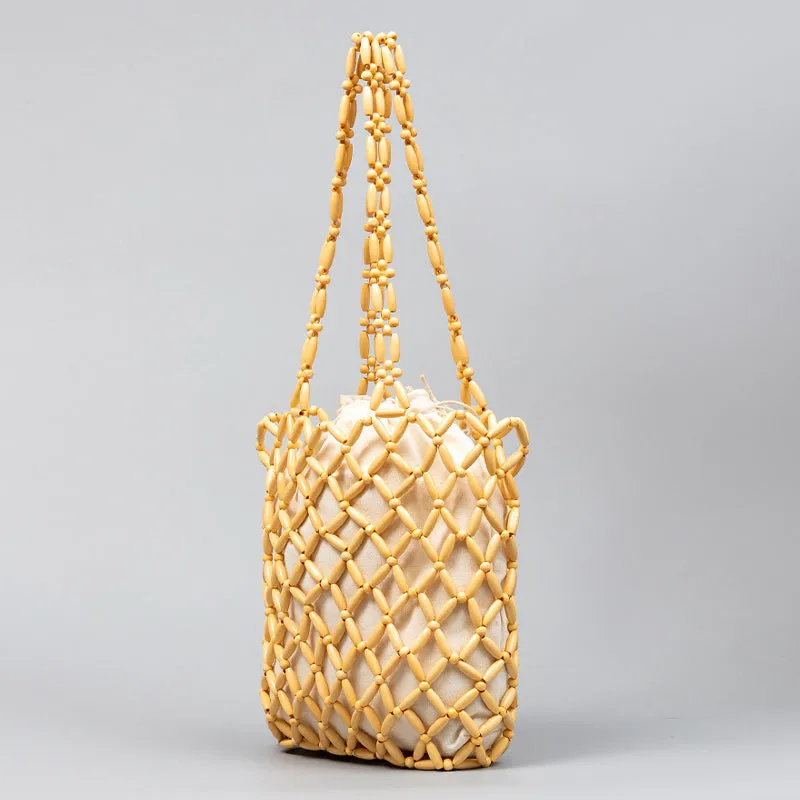 Wooden Bead Tote With Woven Lining Shoulder Bag For Women